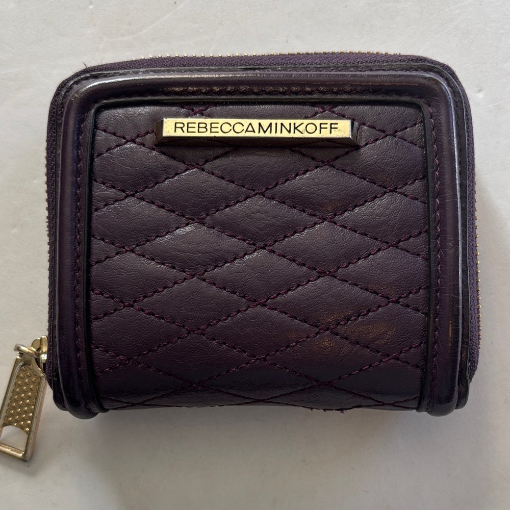 REBECCA MINKOFF PURPLE LEATHER MINI WALLET 3 FOLD COMPARTMENTS GOLD ZIP CLOSURE